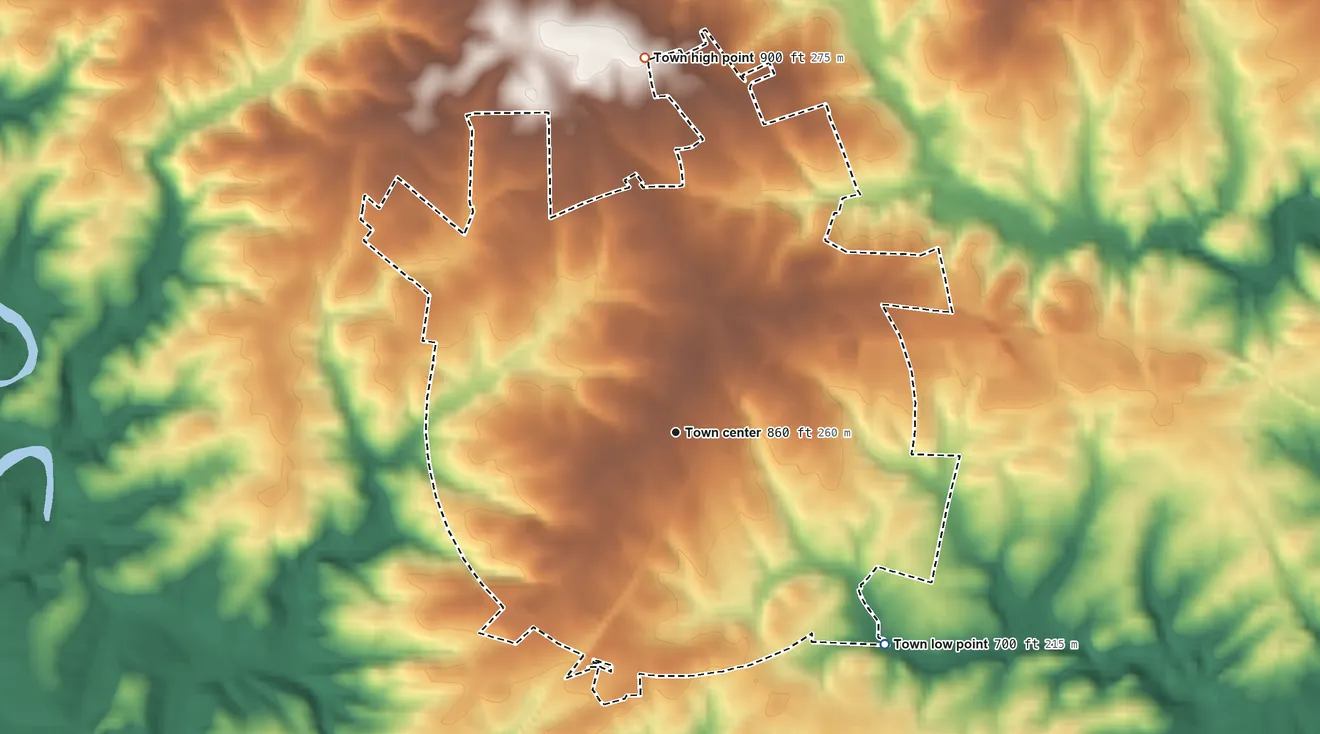 Topographic elevation map of Cowpens, South Carolina, shaded from 700 ft on the southeast side to 900 ft on the north side