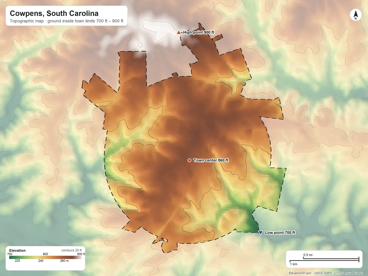 Topographic elevation map of Cowpens, South Carolina, shaded from 700 ft on the southeast side to 900 ft on the north side