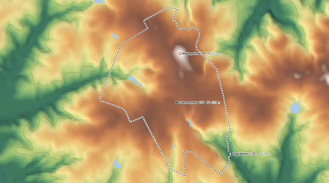 Topographic elevation map of Cross Anchor, South Carolina, shaded from 570 ft on the southeast side to 700 ft on the north side