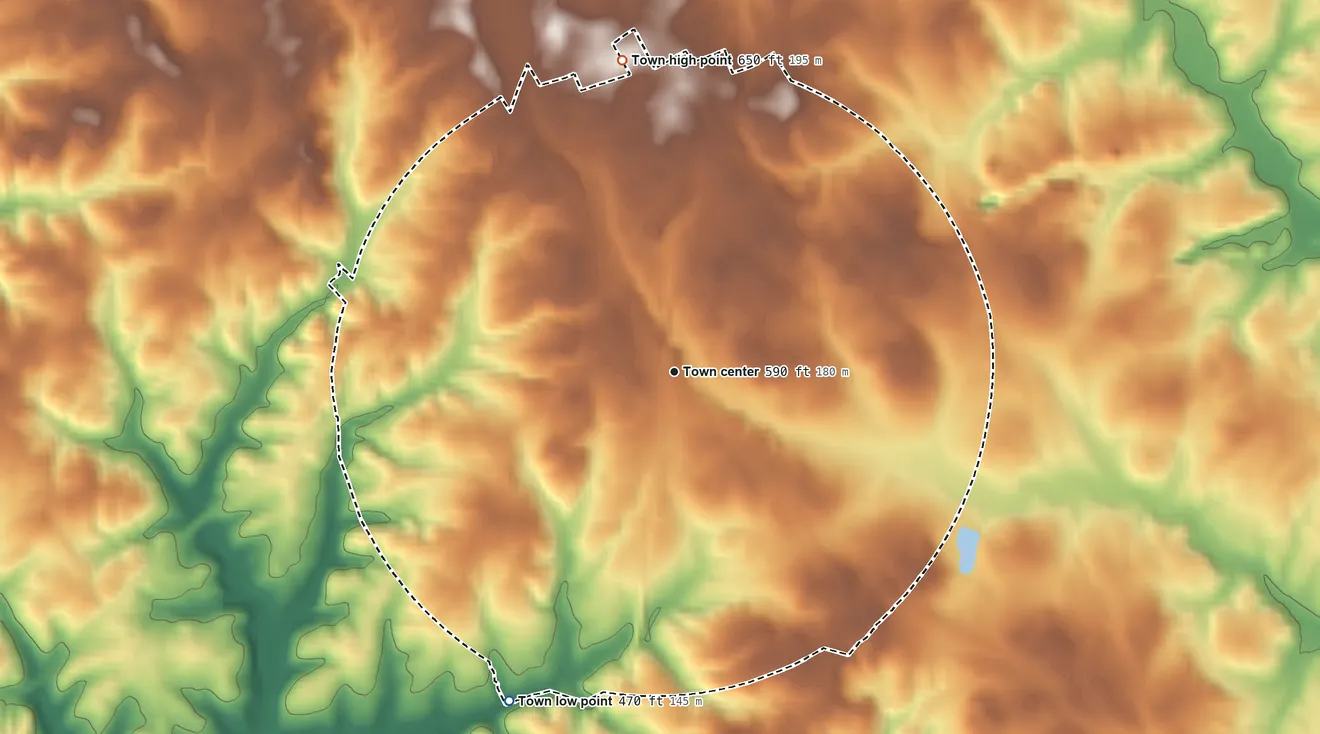 Topographic elevation map of Cross Hill, South Carolina, shaded from 470 ft on the southwest side to 650 ft on the north side