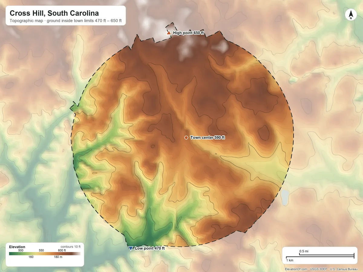 Topographic elevation map of Cross Hill, South Carolina, shaded from 470 ft on the southwest side to 650 ft on the north side