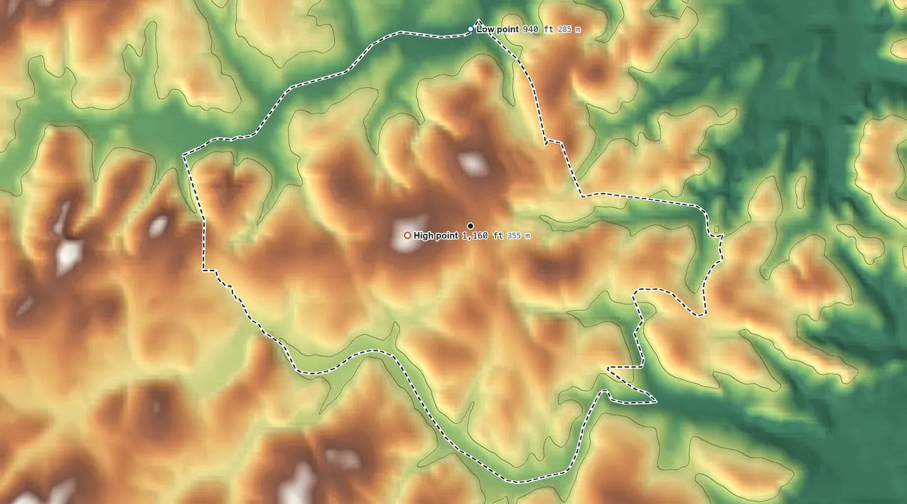 Topographic elevation map of Dacusville, South Carolina, shaded from 940 ft on the north side to 1,160 ft near the middle
