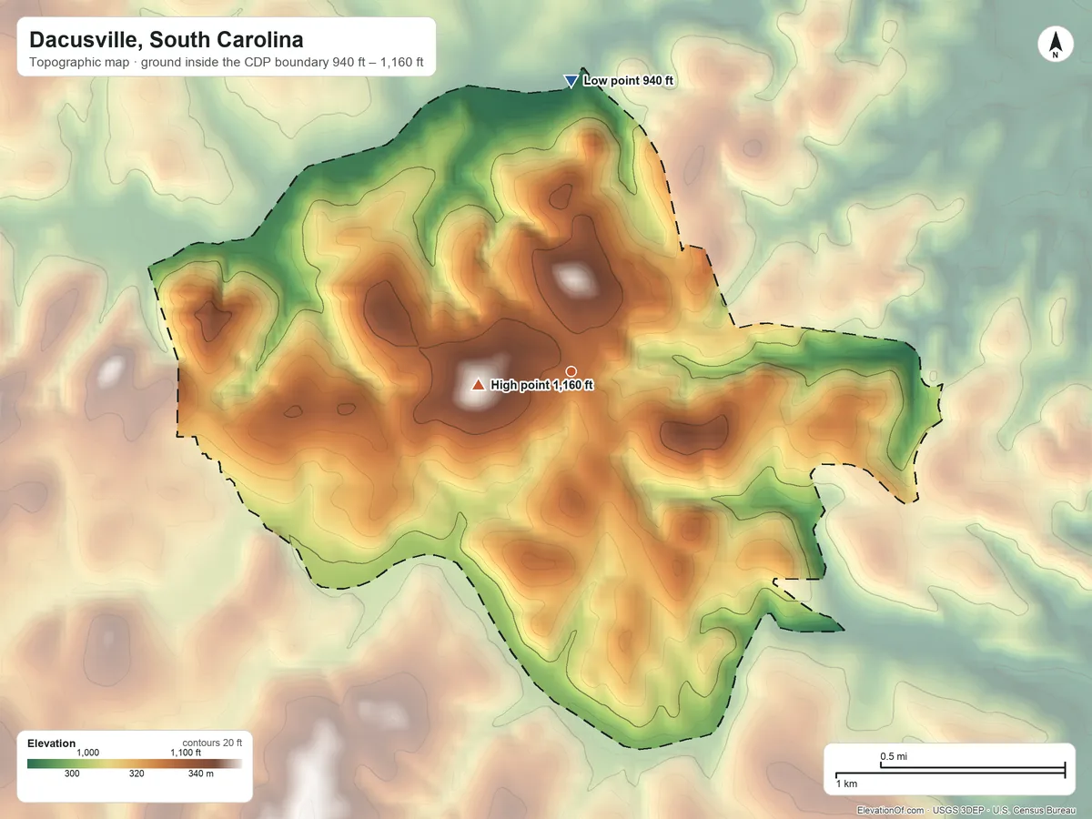 Topographic elevation map of Dacusville, South Carolina, shaded from 940 ft on the north side to 1,160 ft near the middle