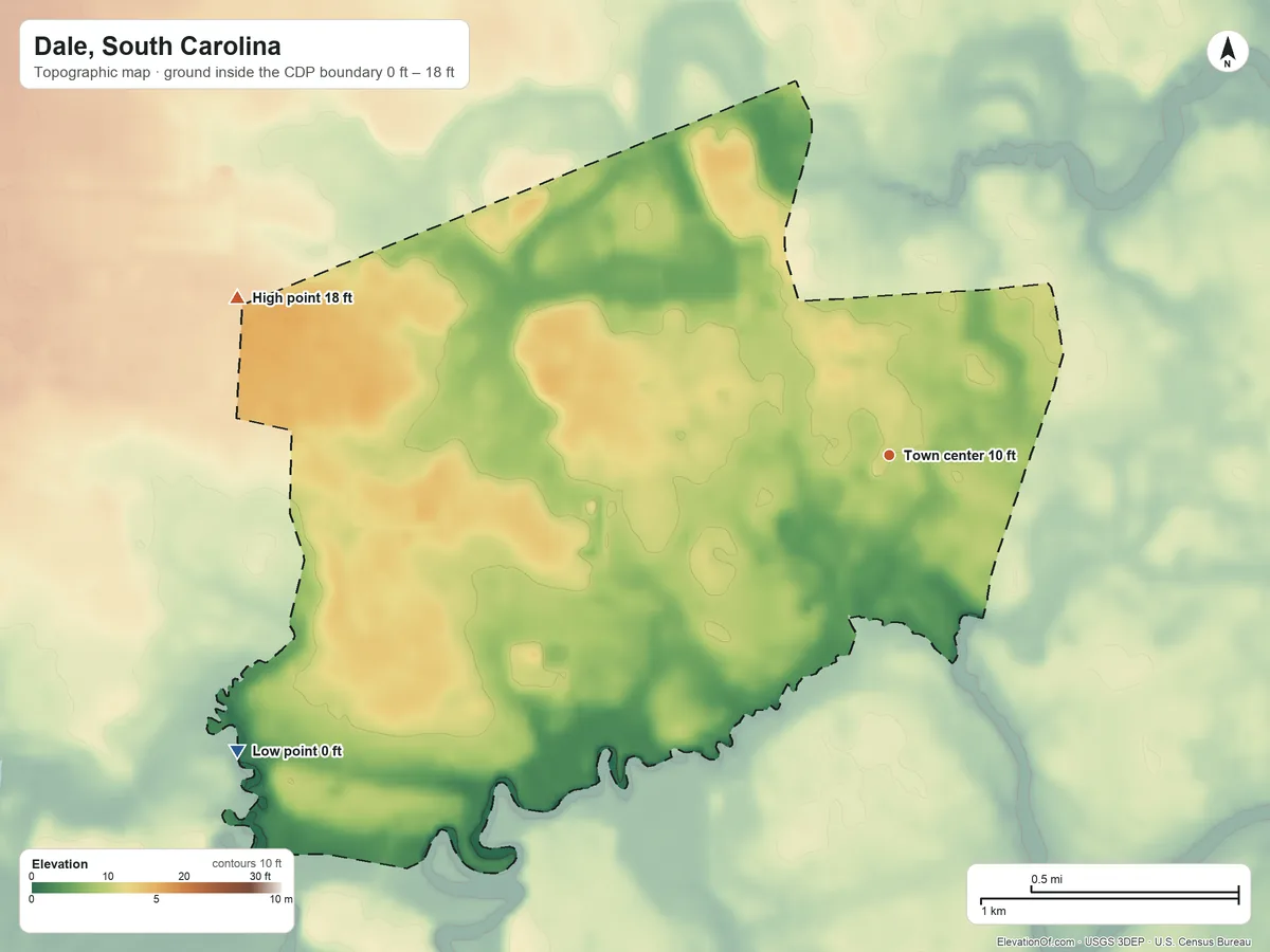 Topographic elevation map of Dale, South Carolina, shaded from 0 ft on the southwest side to 18 ft on the west side