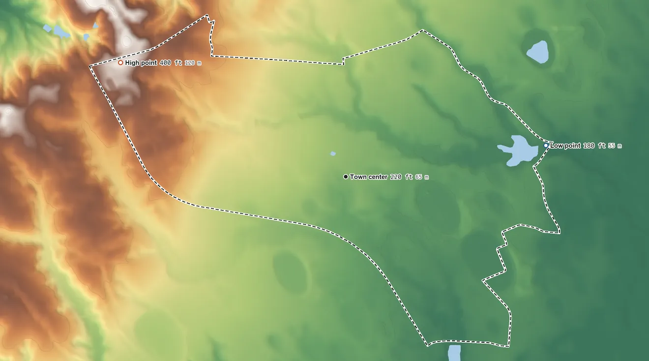 Topographic elevation map of Dalzell, South Carolina, shaded from 180 ft on the east side to 400 ft on the northwest side