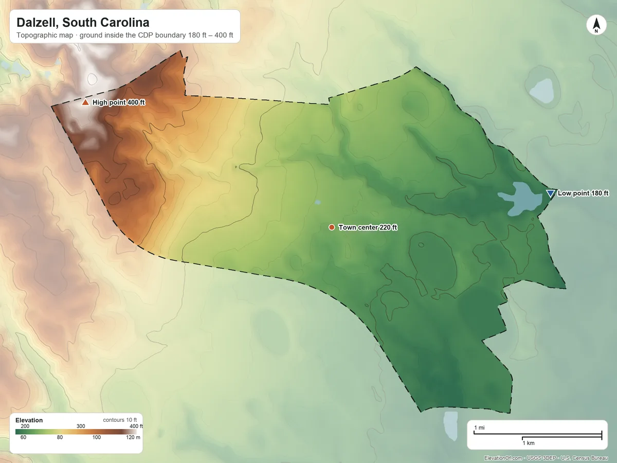 Topographic elevation map of Dalzell, South Carolina, shaded from 180 ft on the east side to 400 ft on the northwest side