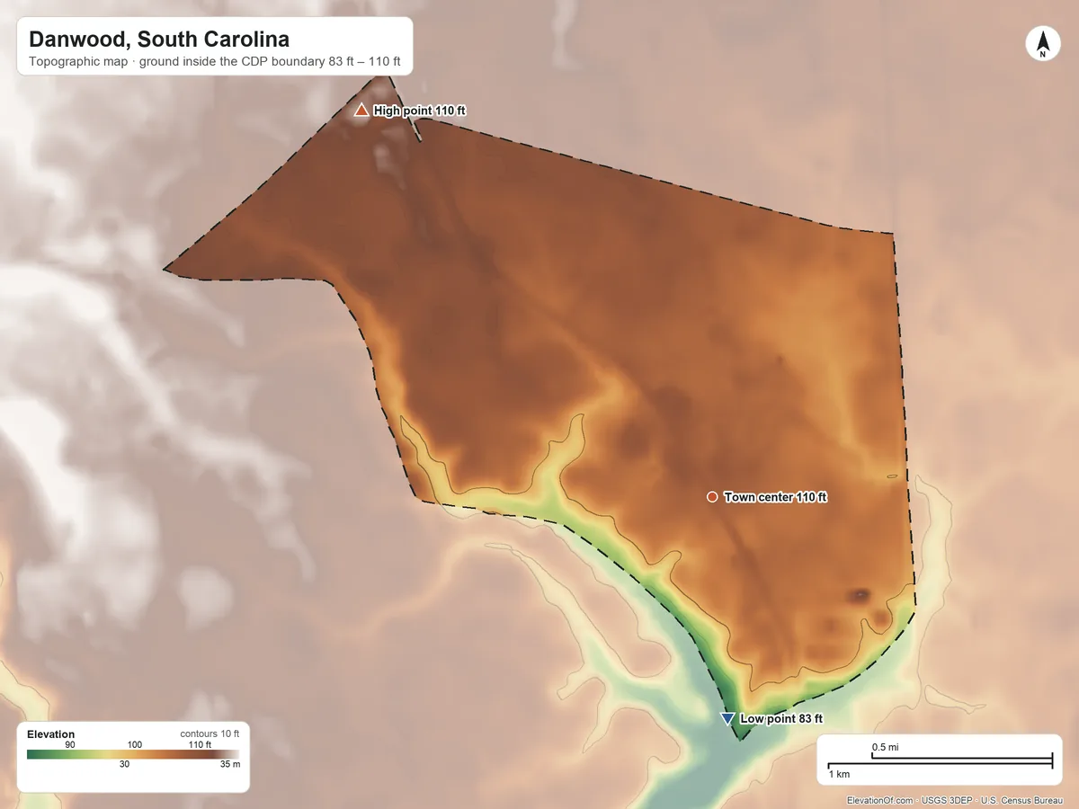 Topographic elevation map of Danwood, South Carolina, shaded from 83 ft on the south side to 110 ft on the northwest side