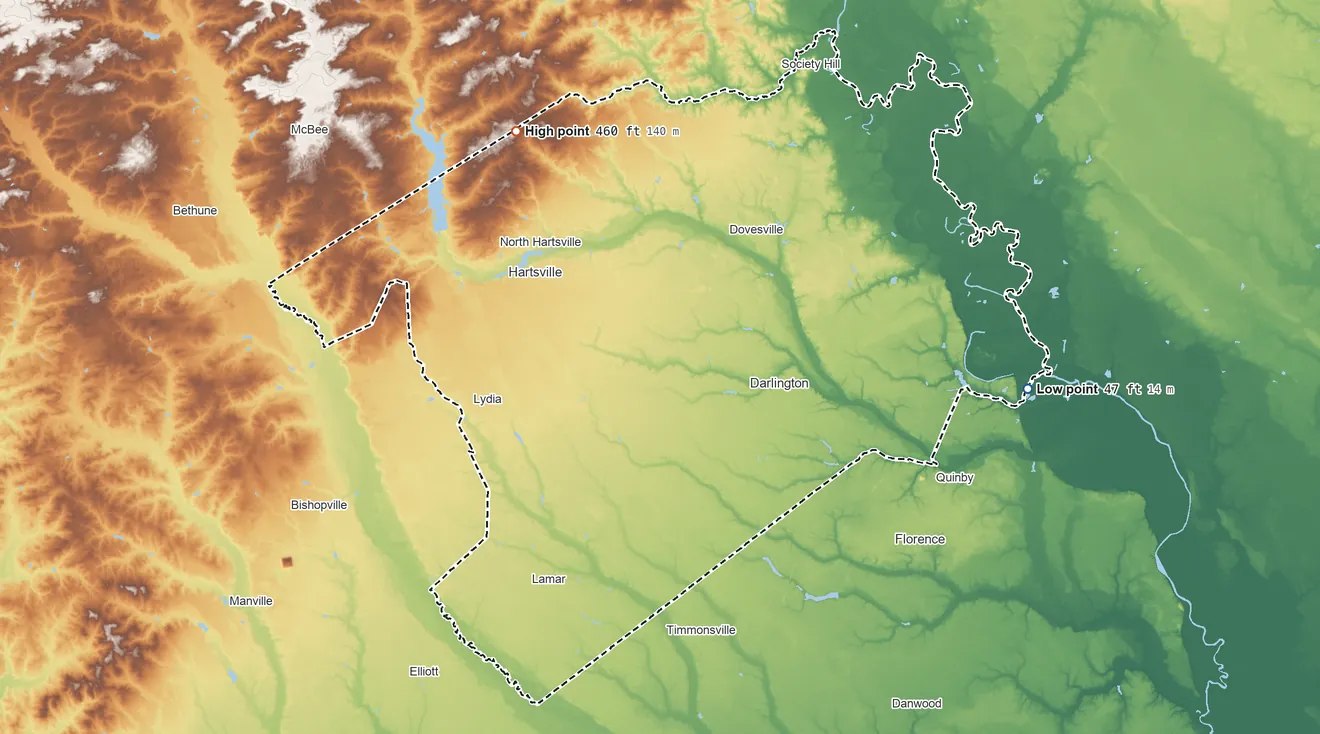 Topographic elevation map of Darlington County, South Carolina, shaded from 47 ft on the east side to 460 ft on the northwest side