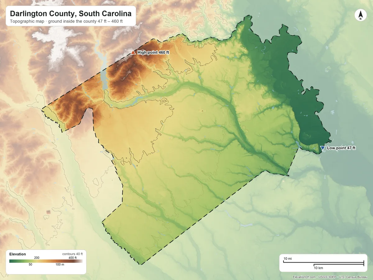 Topographic elevation map of Darlington County, South Carolina, shaded from 47 ft on the east side to 460 ft on the northwest side