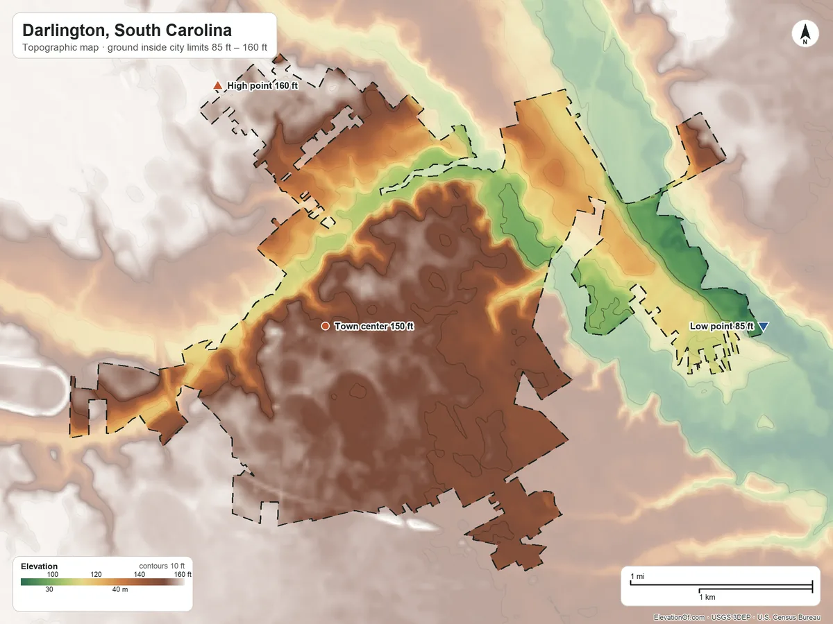 Topographic elevation map of Darlington, South Carolina, shaded from 85 ft on the east side to 160 ft on the northwest side