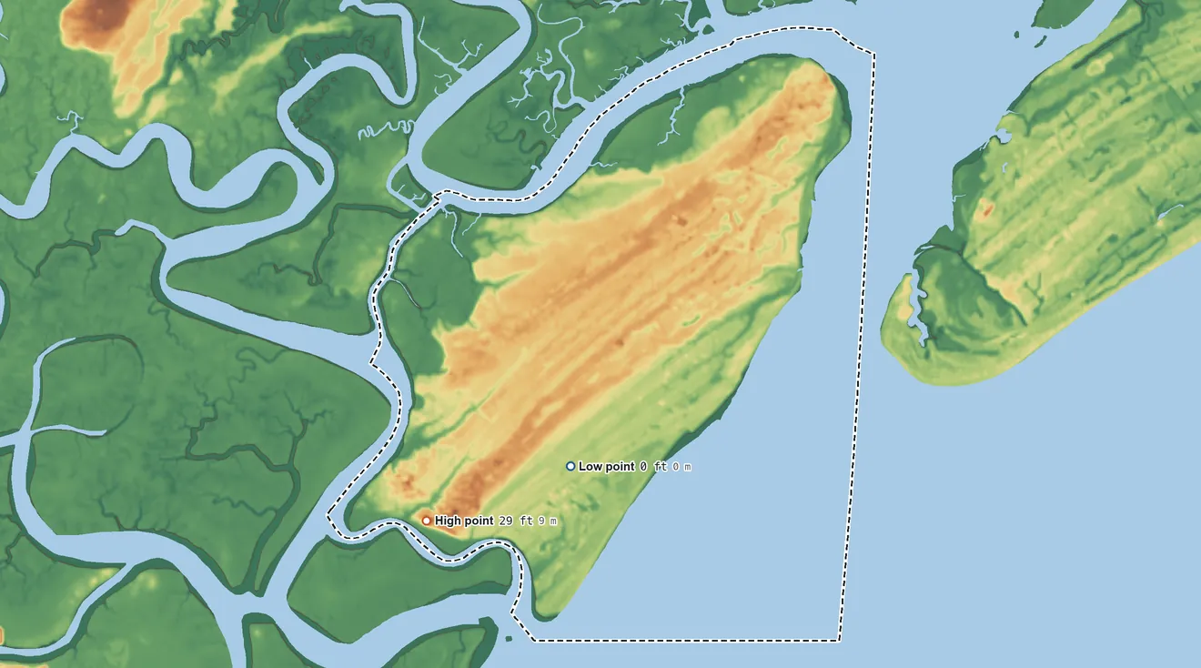 Topographic elevation map of Daufuskie Island, South Carolina, shaded from sea level level on the Atlantic Ocean to 29 ft on the southwest side