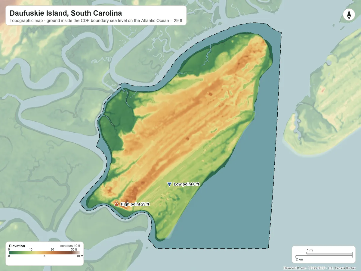 Topographic elevation map of Daufuskie Island, South Carolina, shaded from sea level level on the Atlantic Ocean to 29 ft on the southwest side
