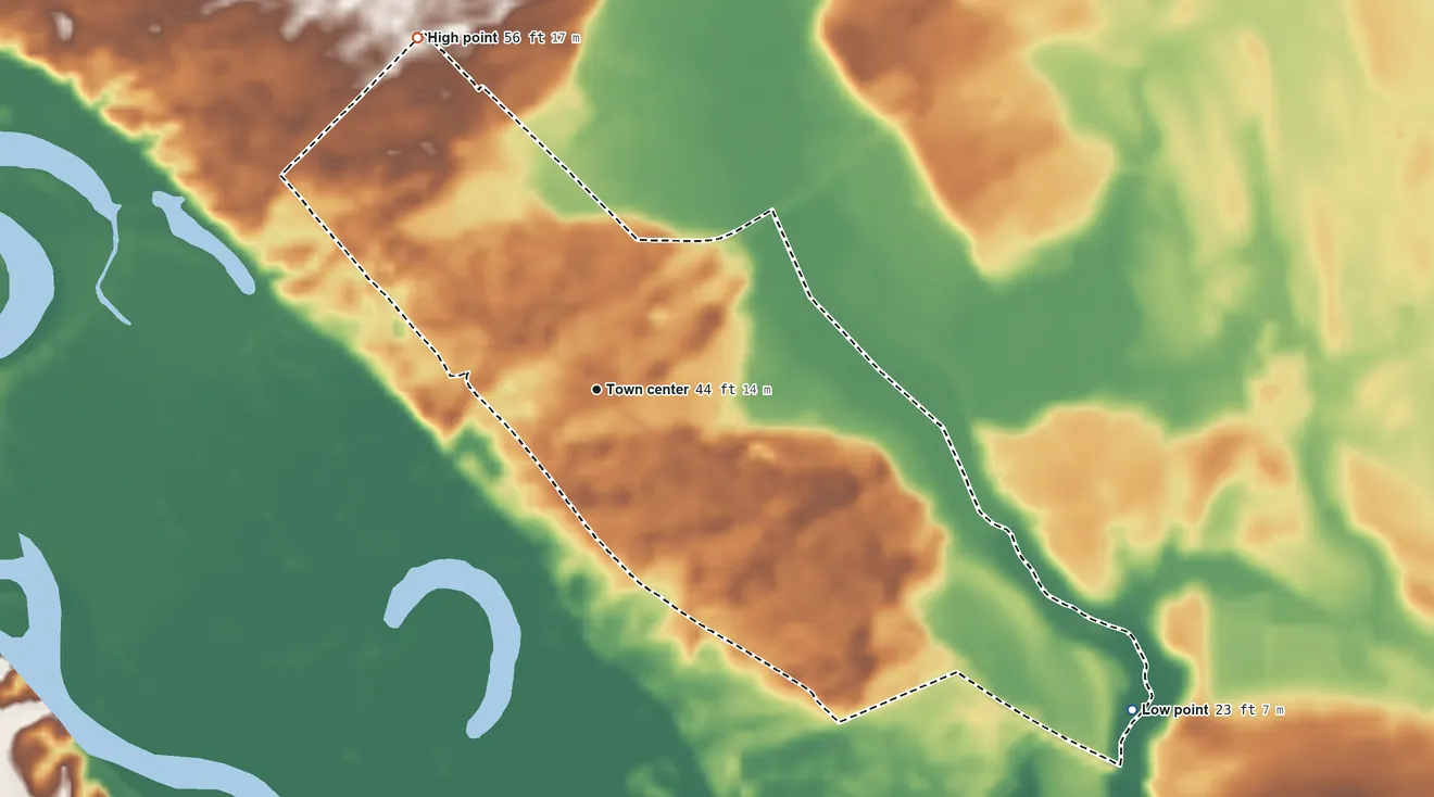Topographic elevation map of Daviston, South Carolina, shaded from 23 ft on the southeast side to 56 ft on the northwest side