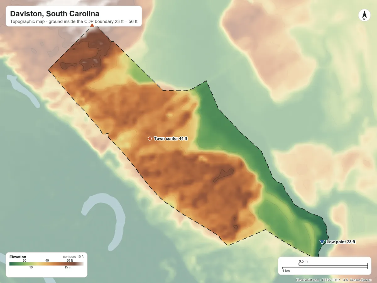 Topographic elevation map of Daviston, South Carolina, shaded from 23 ft on the southeast side to 56 ft on the northwest side