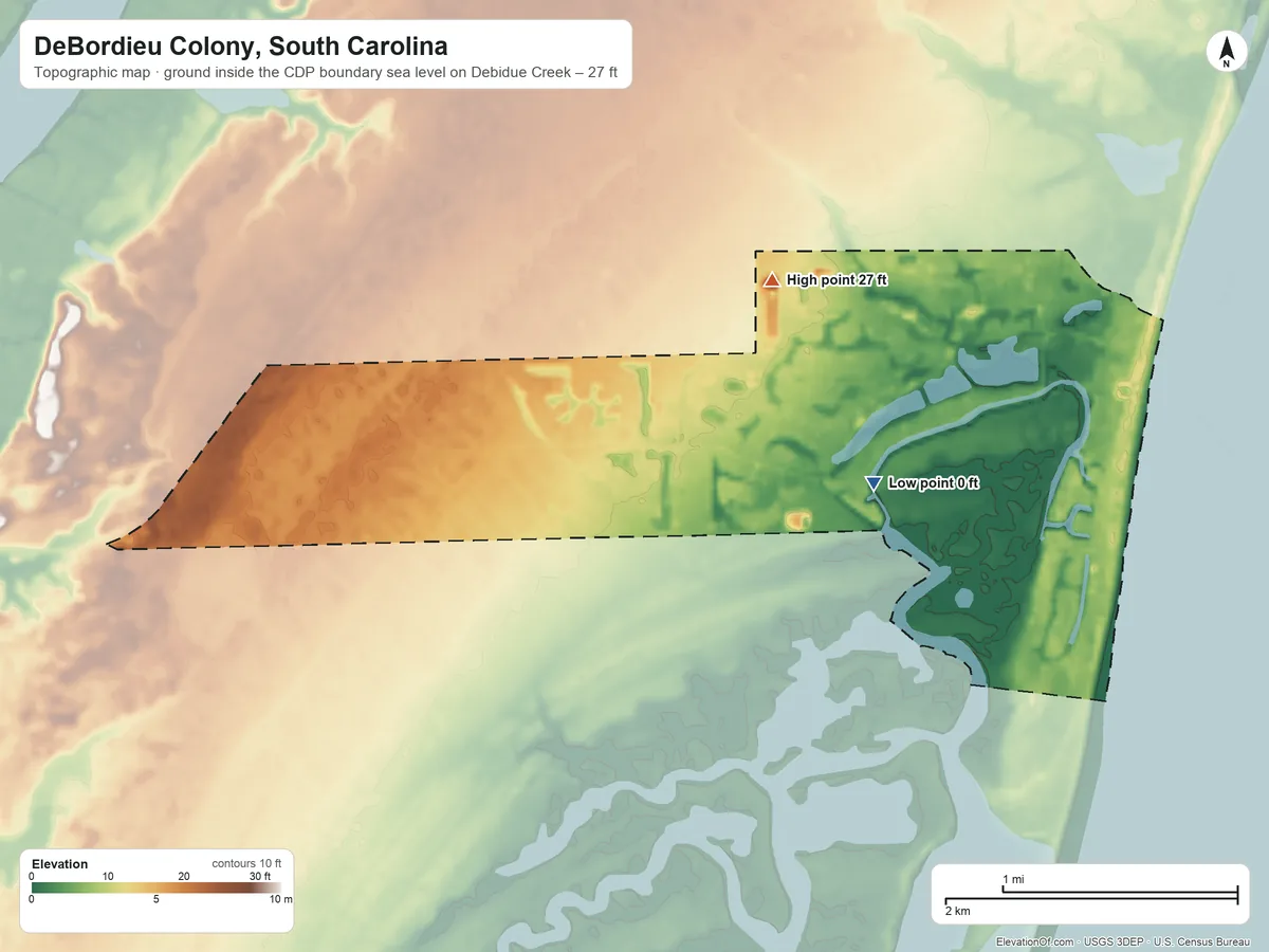Topographic elevation map of DeBordieu Colony, South Carolina, shaded from sea level level on Debidue Creek to 27 ft on the north side
