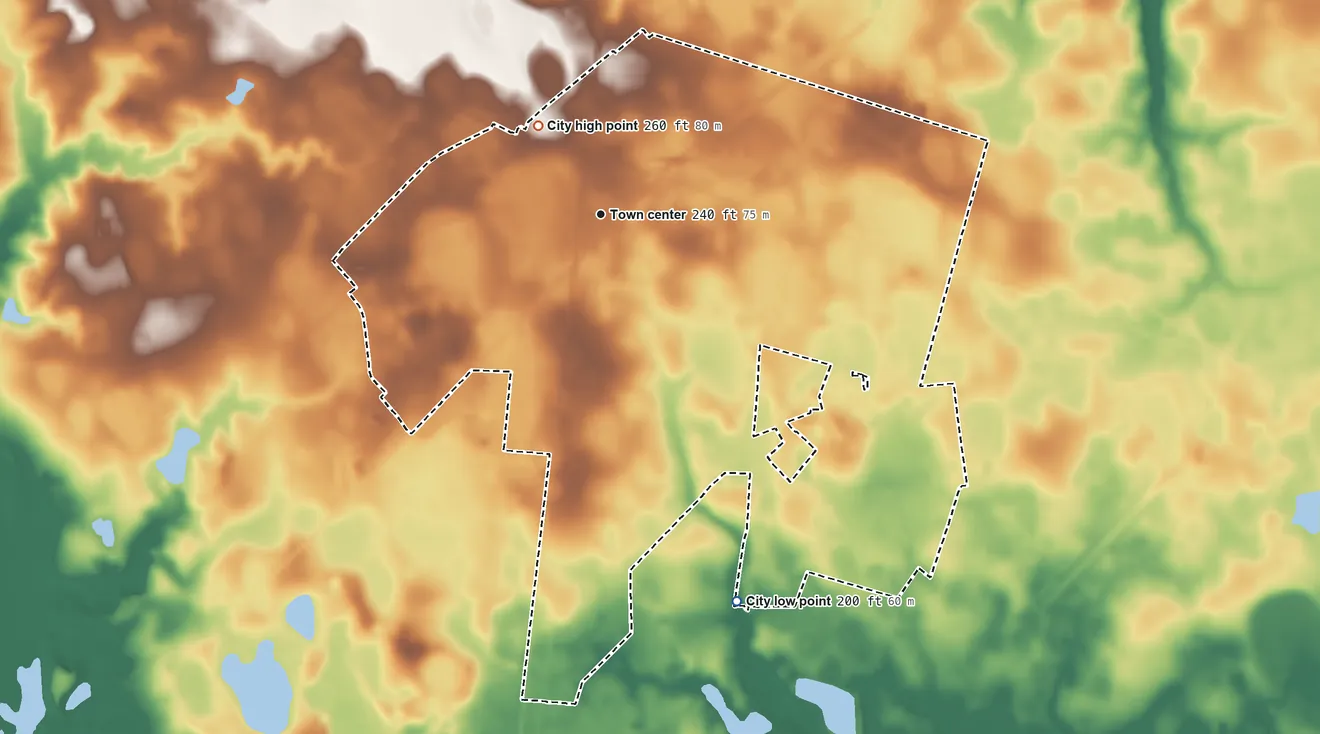 Topographic elevation map of Denmark, South Carolina, shaded from 200 ft on the south side to 260 ft on the northwest side