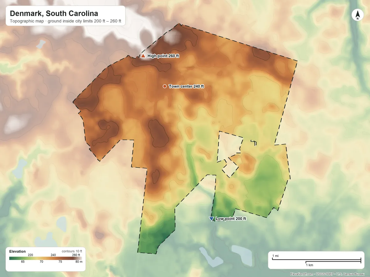 Topographic elevation map of Denmark, South Carolina, shaded from 200 ft on the south side to 260 ft on the northwest side