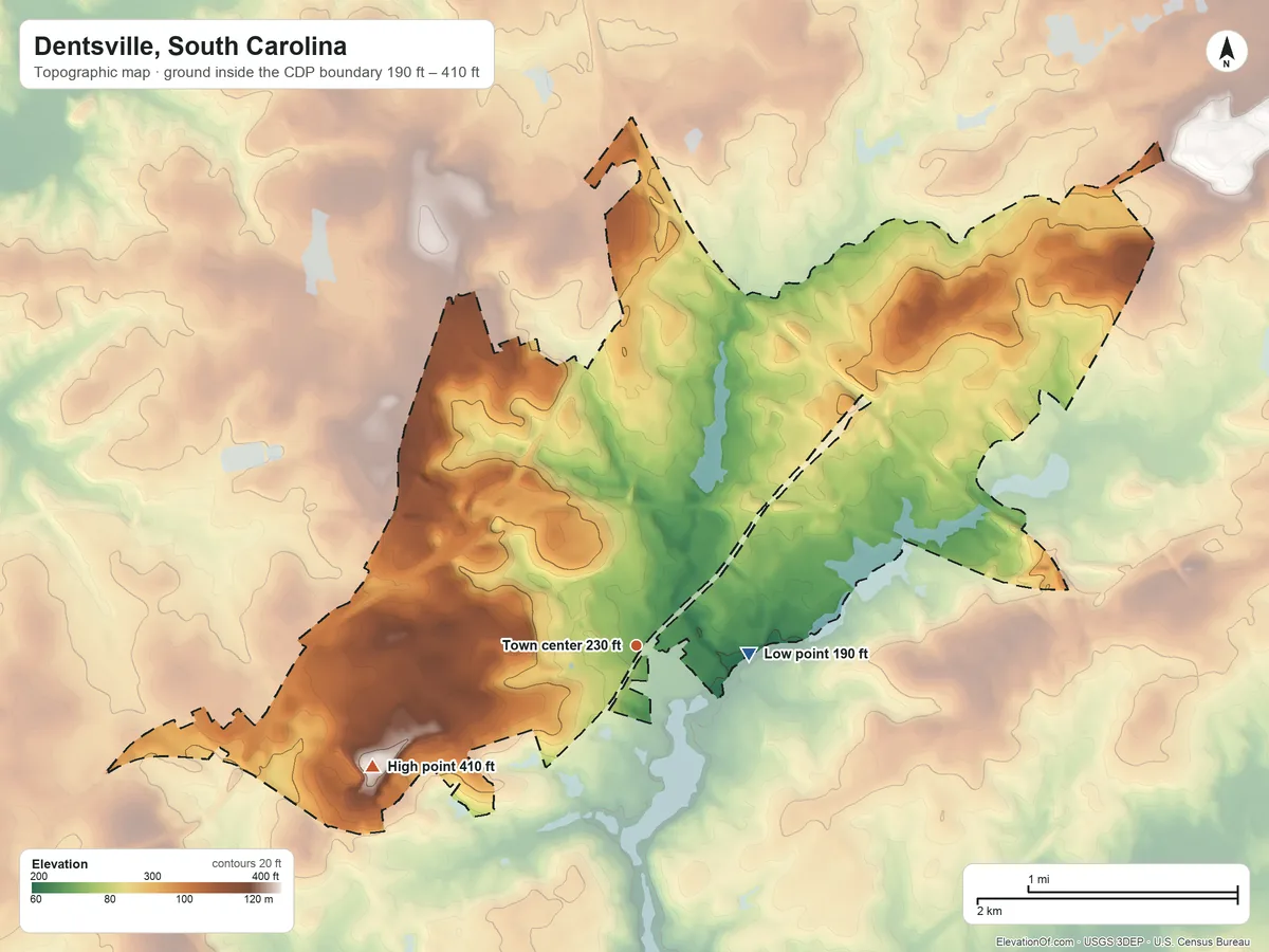 Topographic elevation map of Dentsville, South Carolina, shaded from 190 ft near the middle to 410 ft on the southwest side