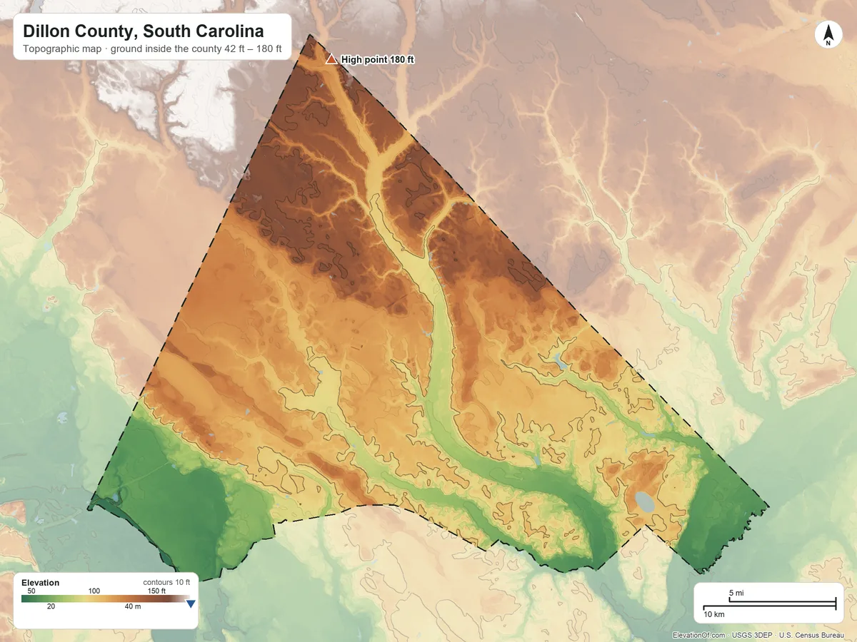 Topographic elevation map of Dillon County, South Carolina, shaded from 42 ft on the southwest side to 180 ft on the north side