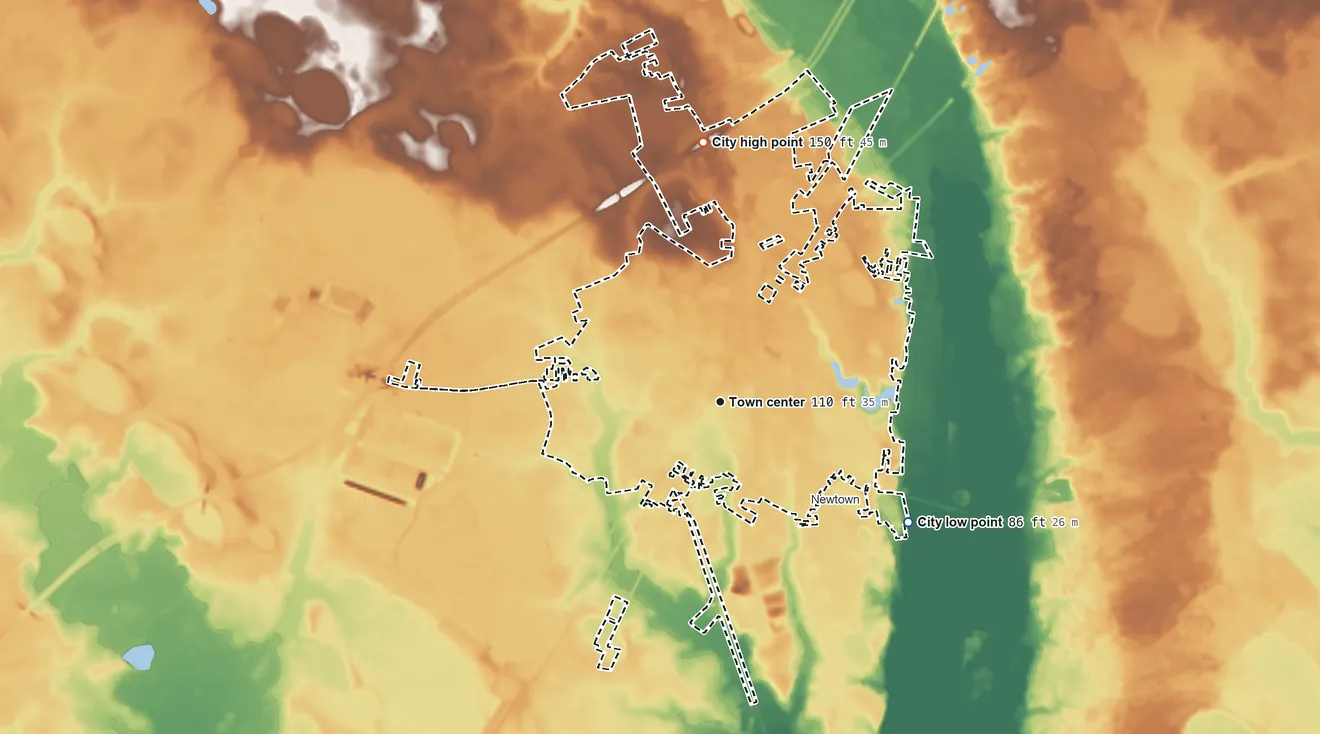 Topographic elevation map of Dillon, South Carolina, shaded from 86 ft on the southeast side to 150 ft on the north side