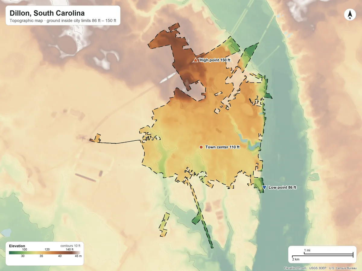 Topographic elevation map of Dillon, South Carolina, shaded from 86 ft on the southeast side to 150 ft on the north side