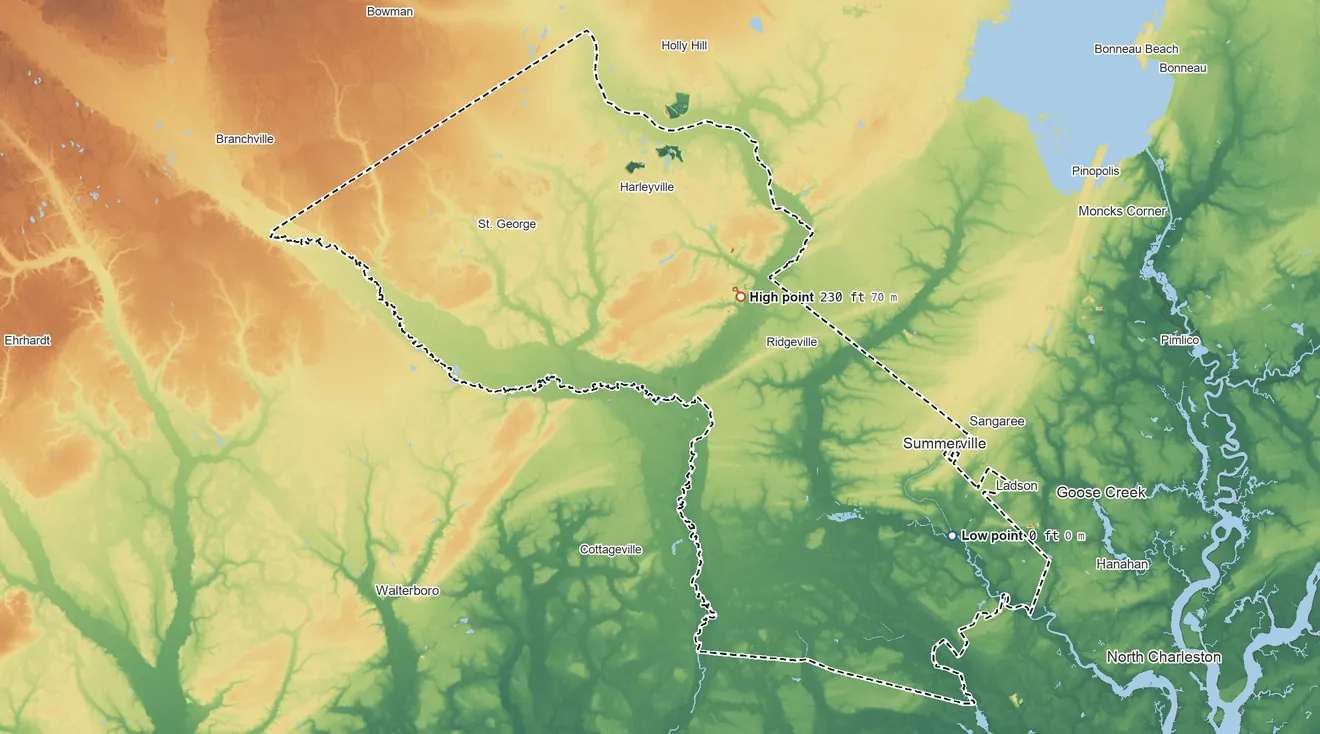 Topographic elevation map of Dorchester County, South Carolina, shaded from 0 ft on the southeast side to 230 ft on the northeast side