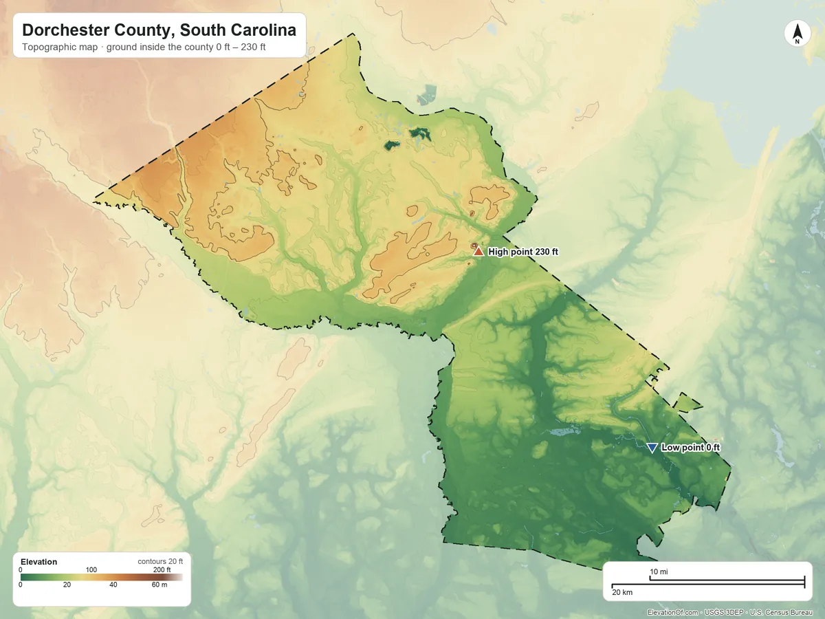 Topographic elevation map of Dorchester County, South Carolina, shaded from 0 ft on the southeast side to 230 ft on the northeast side