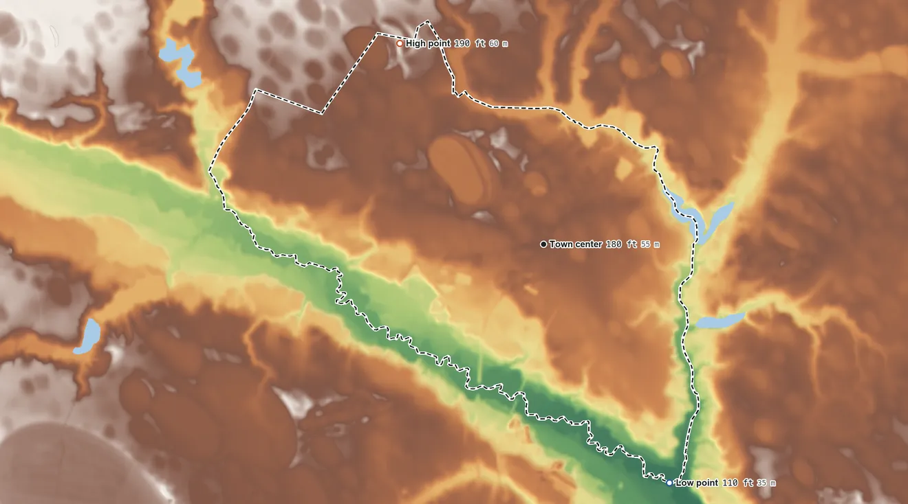 Topographic elevation map of Dovesville, South Carolina, shaded from 110 ft on the southeast side to 190 ft on the northwest side