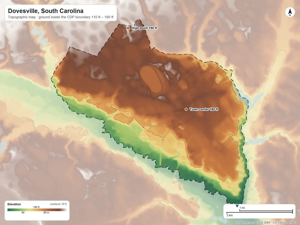 Topographic elevation map of Dovesville, South Carolina, shaded from 110 ft on the southeast side to 190 ft on the northwest side