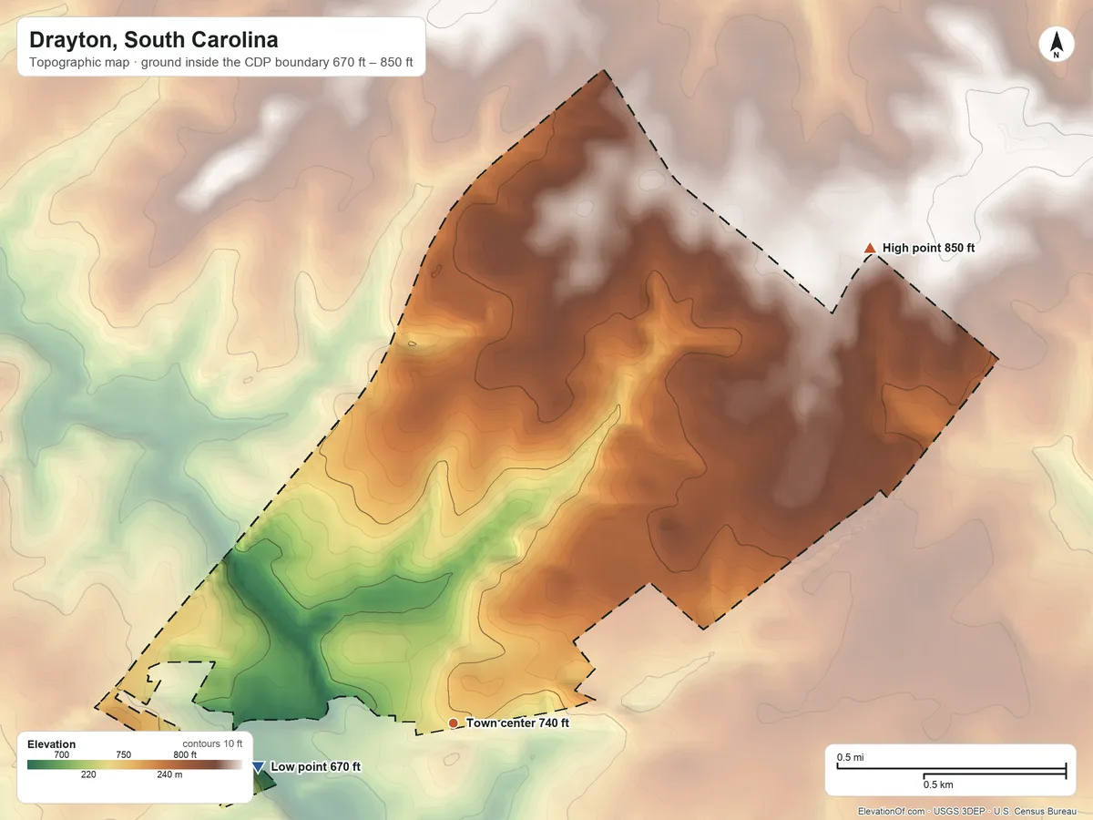 Topographic elevation map of Drayton, South Carolina, shaded from 670 ft on the west side to 850 ft on the northeast side
