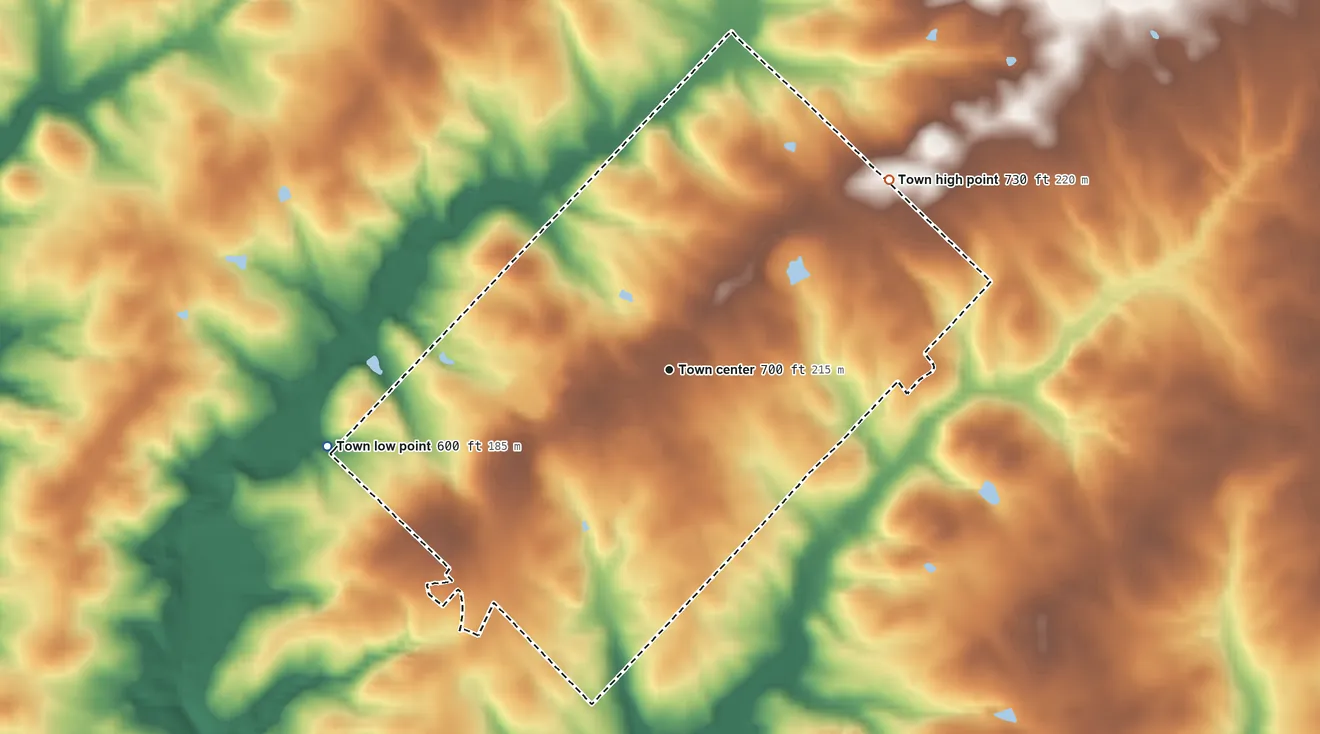Topographic elevation map of Due West, South Carolina, shaded from 600 ft on the west side to 730 ft on the northeast side