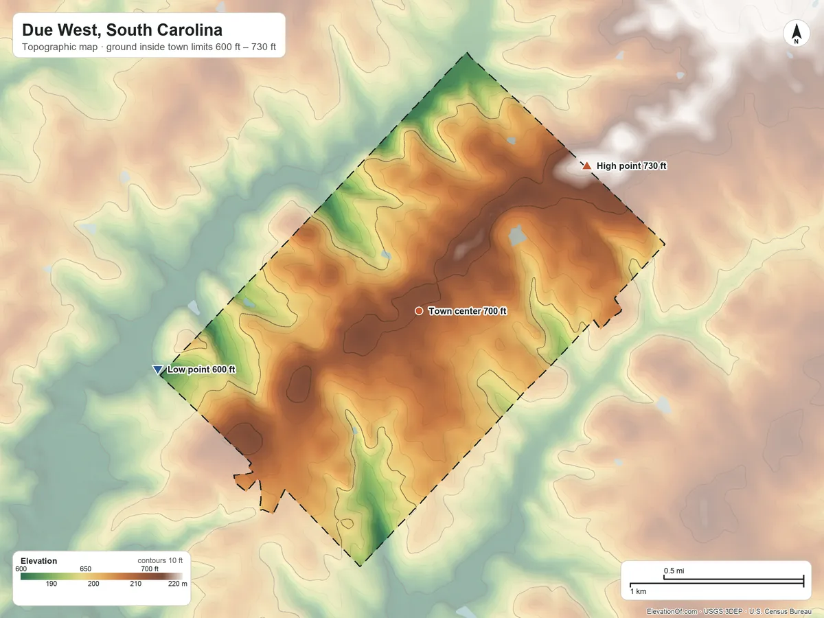 Topographic elevation map of Due West, South Carolina, shaded from 600 ft on the west side to 730 ft on the northeast side
