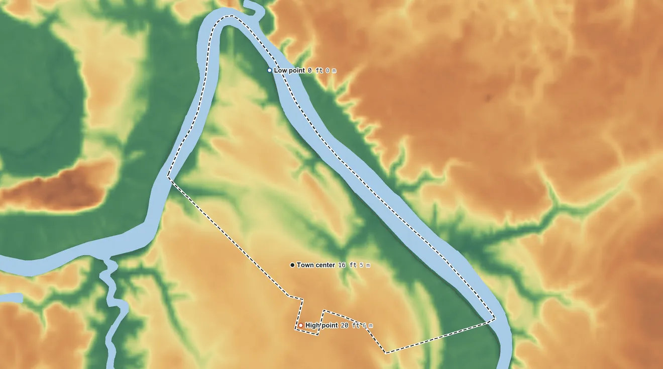 Topographic elevation map of Dunbar, South Carolina, shaded from 0 ft on the north side to 20 ft on the south side