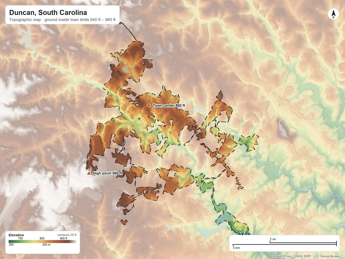 Topographic elevation map of Duncan, South Carolina, shaded from 640 ft on the southeast side to 960 ft on the southwest side