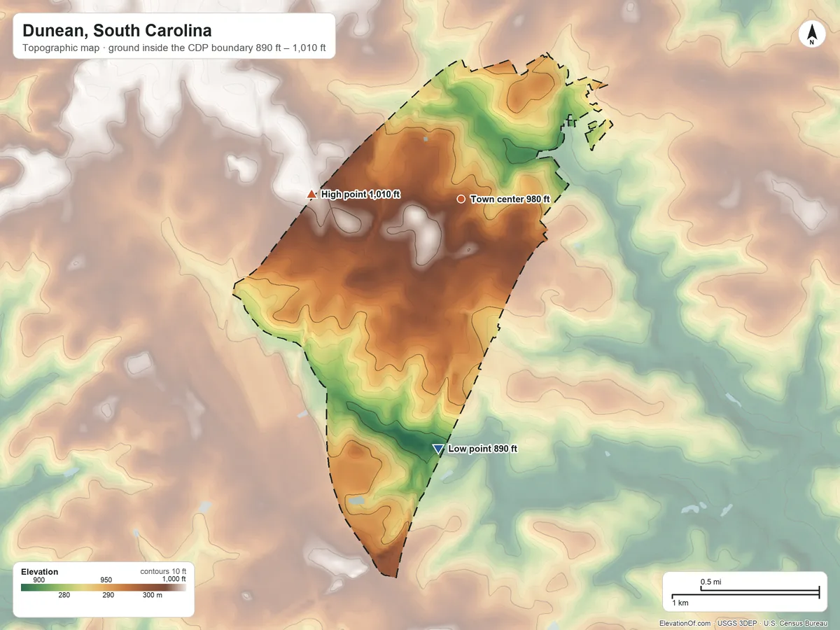 Topographic elevation map of Dunean, South Carolina, shaded from 890 ft on the south side to 1,010 ft on the west side