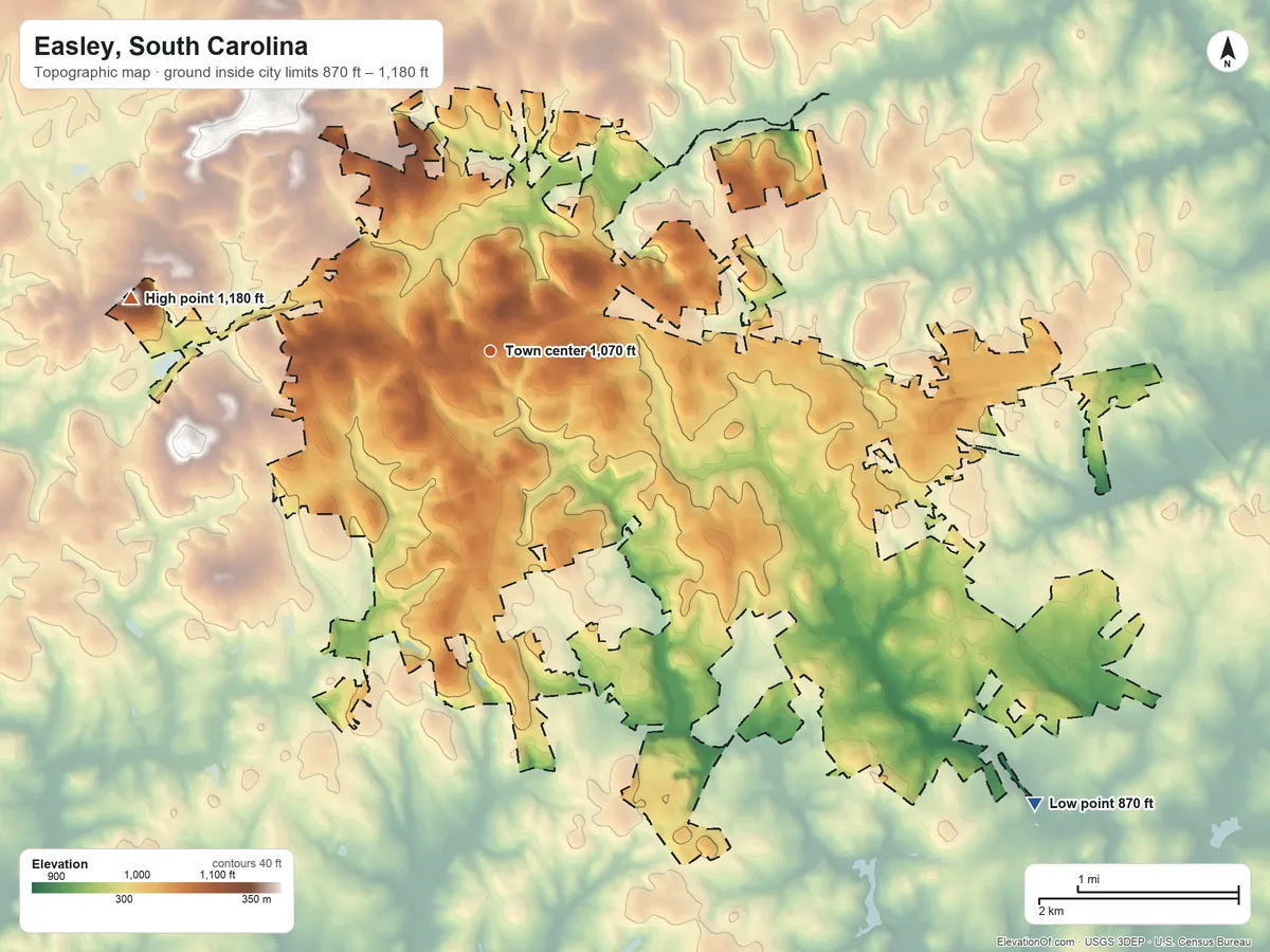 Topographic elevation map of Easley, South Carolina, shaded from 870 ft on the southeast side to 1,180 ft on the west side