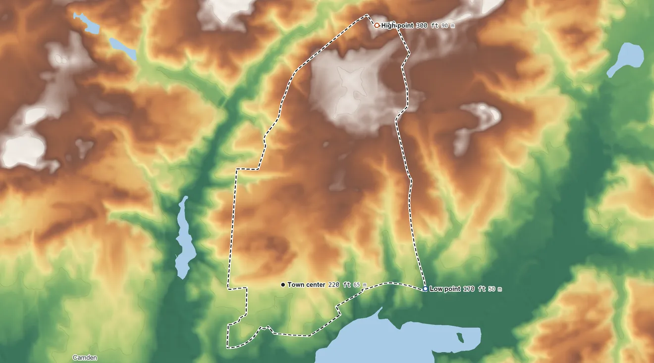 Topographic elevation map of East Camden, South Carolina, shaded from 170 ft on the east side to 300 ft on the north side
