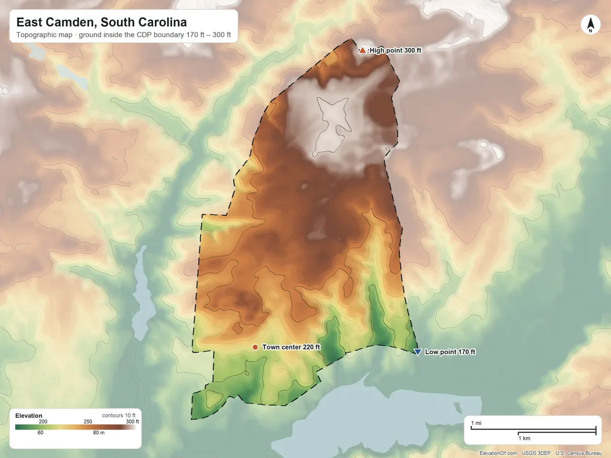 Topographic elevation map of East Camden, South Carolina, shaded from 170 ft on the east side to 300 ft on the north side