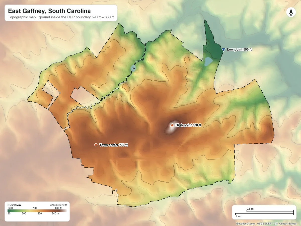 Topographic elevation map of East Gaffney, South Carolina, shaded from 590 ft on the northeast side to 830 ft on the east side