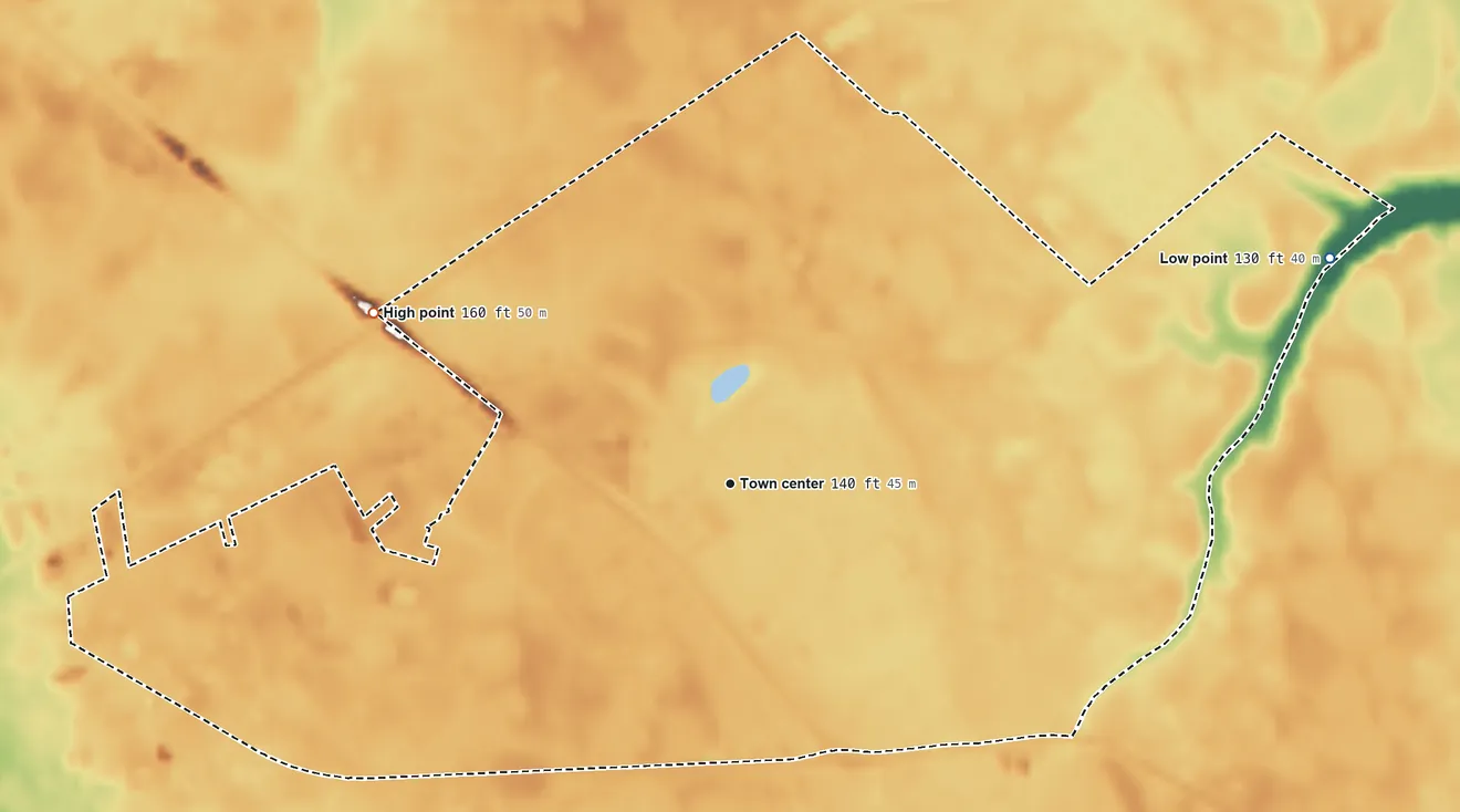 Topographic elevation map of East Sumter, South Carolina, shaded from 130 ft on the east side to 160 ft on the northwest side