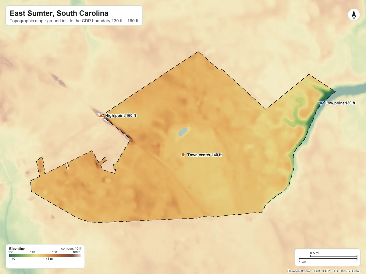 Topographic elevation map of East Sumter, South Carolina, shaded from 130 ft on the east side to 160 ft on the northwest side