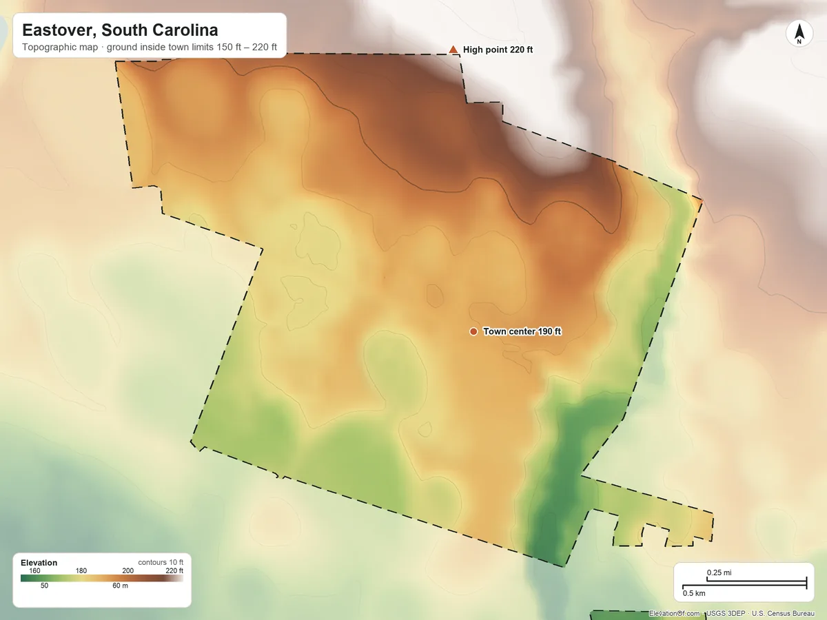 Topographic elevation map of Eastover, South Carolina, shaded from 150 ft on the southeast side to 220 ft on the north side
