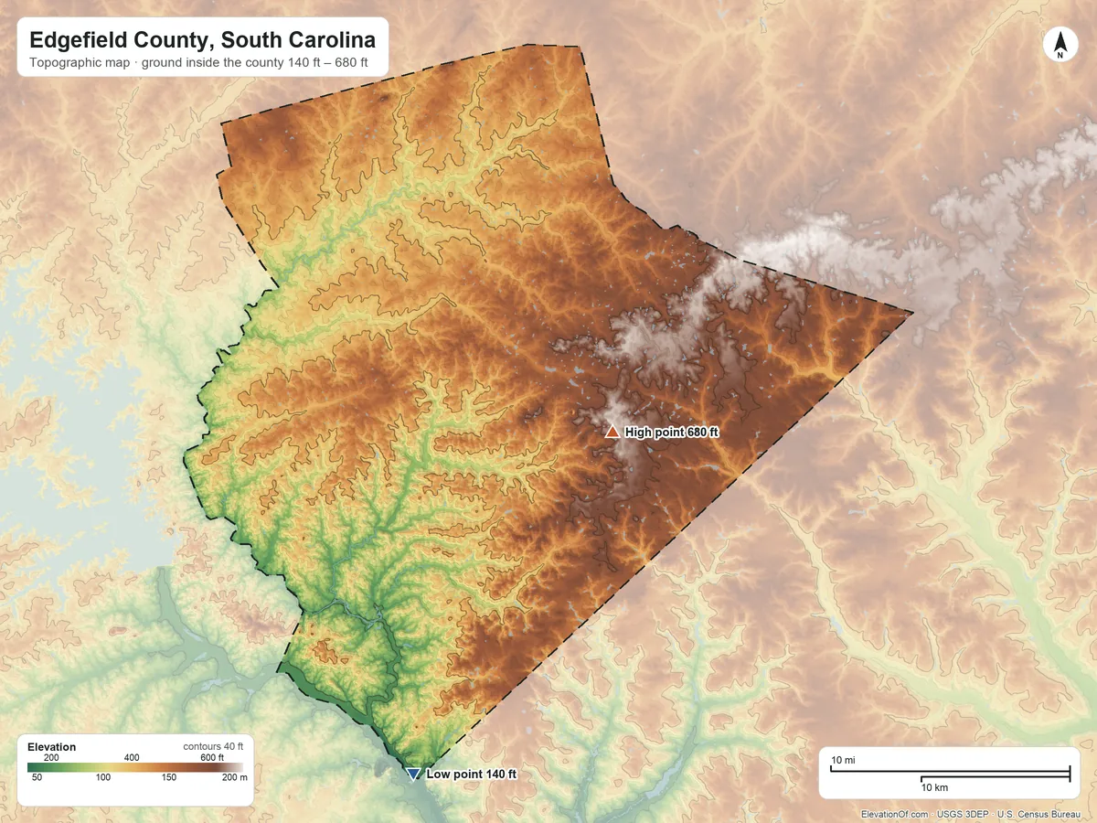 Topographic elevation map of Edgefield County, South Carolina, shaded from 140 ft on the south side to 680 ft near the middle