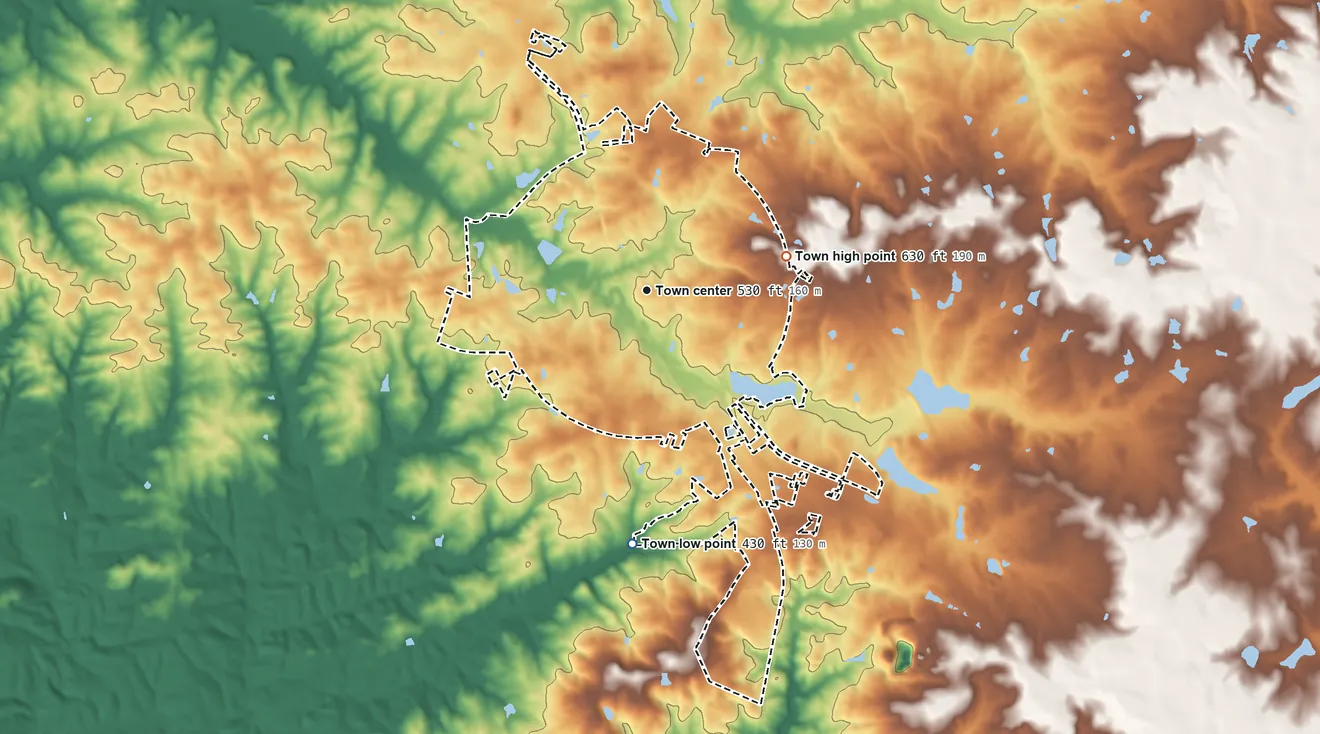 Topographic elevation map of Edgefield, South Carolina, shaded from 430 ft on the south side to 630 ft on the east side