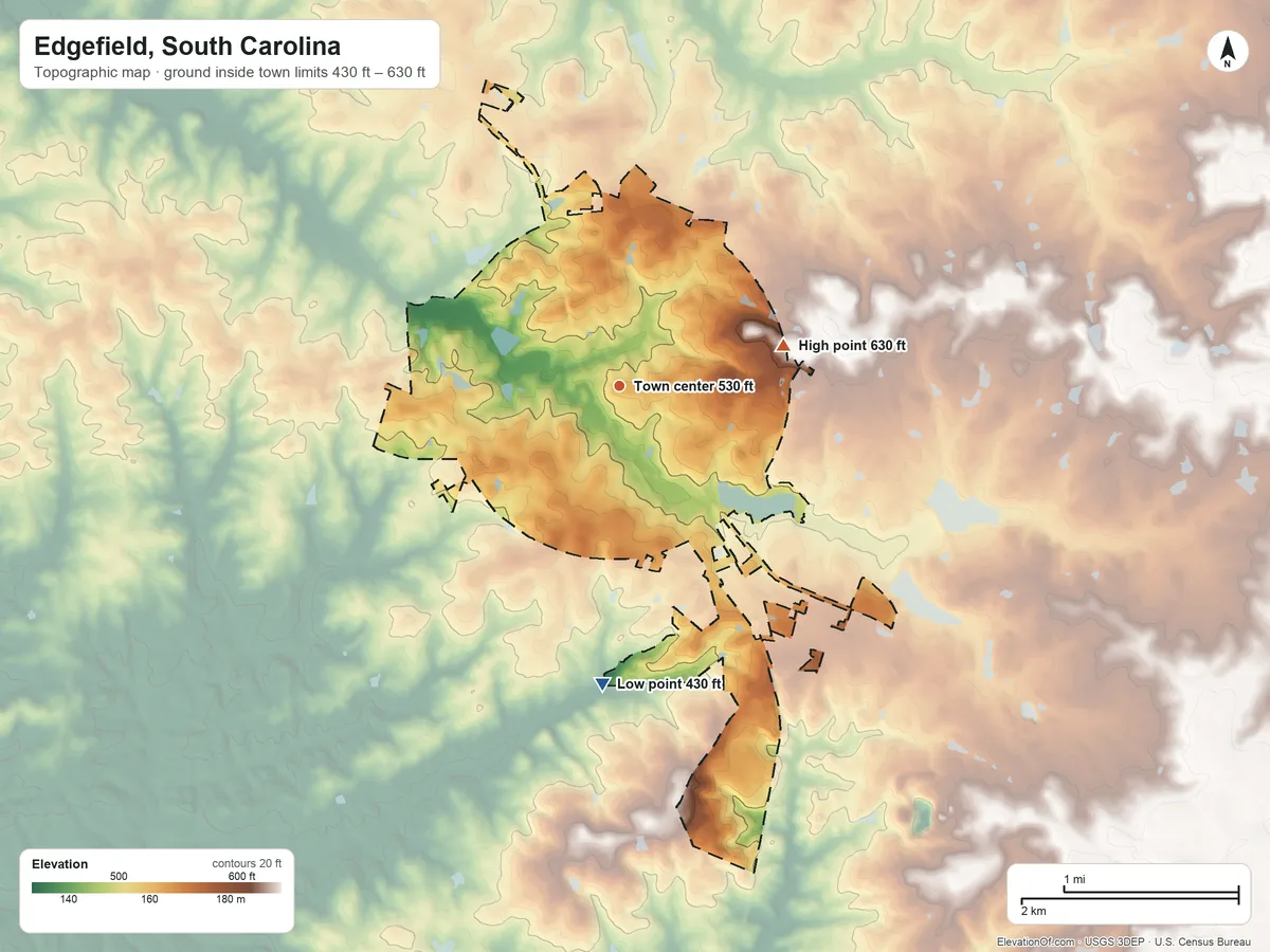Topographic elevation map of Edgefield, South Carolina, shaded from 430 ft on the south side to 630 ft on the east side