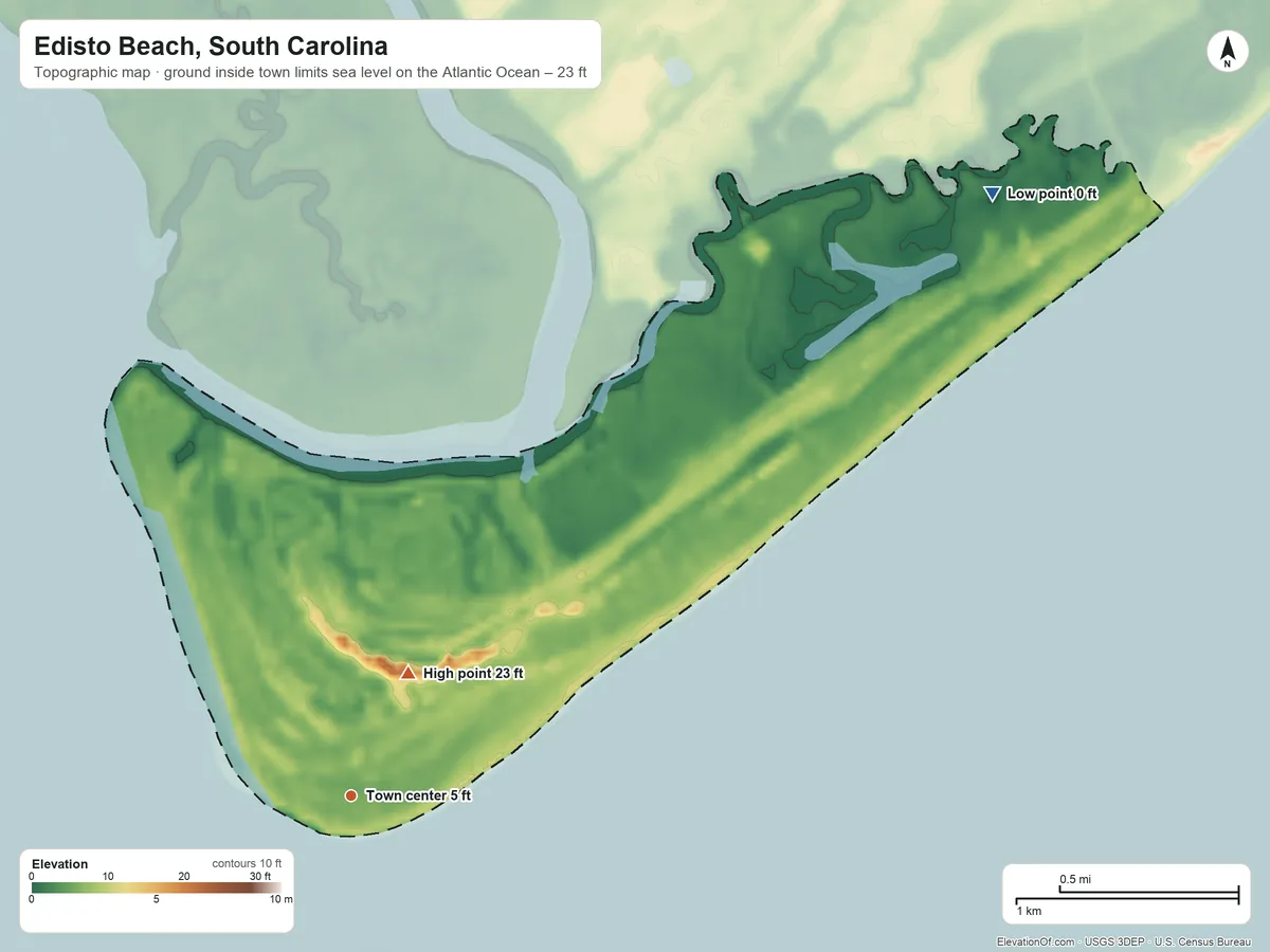 Topographic elevation map of Edisto Beach, South Carolina, shaded from sea level level on the Atlantic Ocean to 23 ft on the northeast side