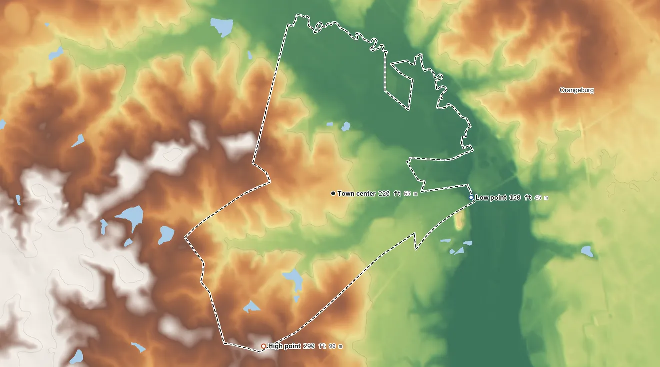 Topographic elevation map of Edisto, South Carolina, shaded from 150 ft on the east side to 290 ft on the southwest side