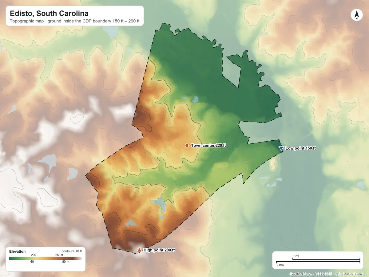 Topographic elevation map of Edisto, South Carolina, shaded from 150 ft on the east side to 290 ft on the southwest side