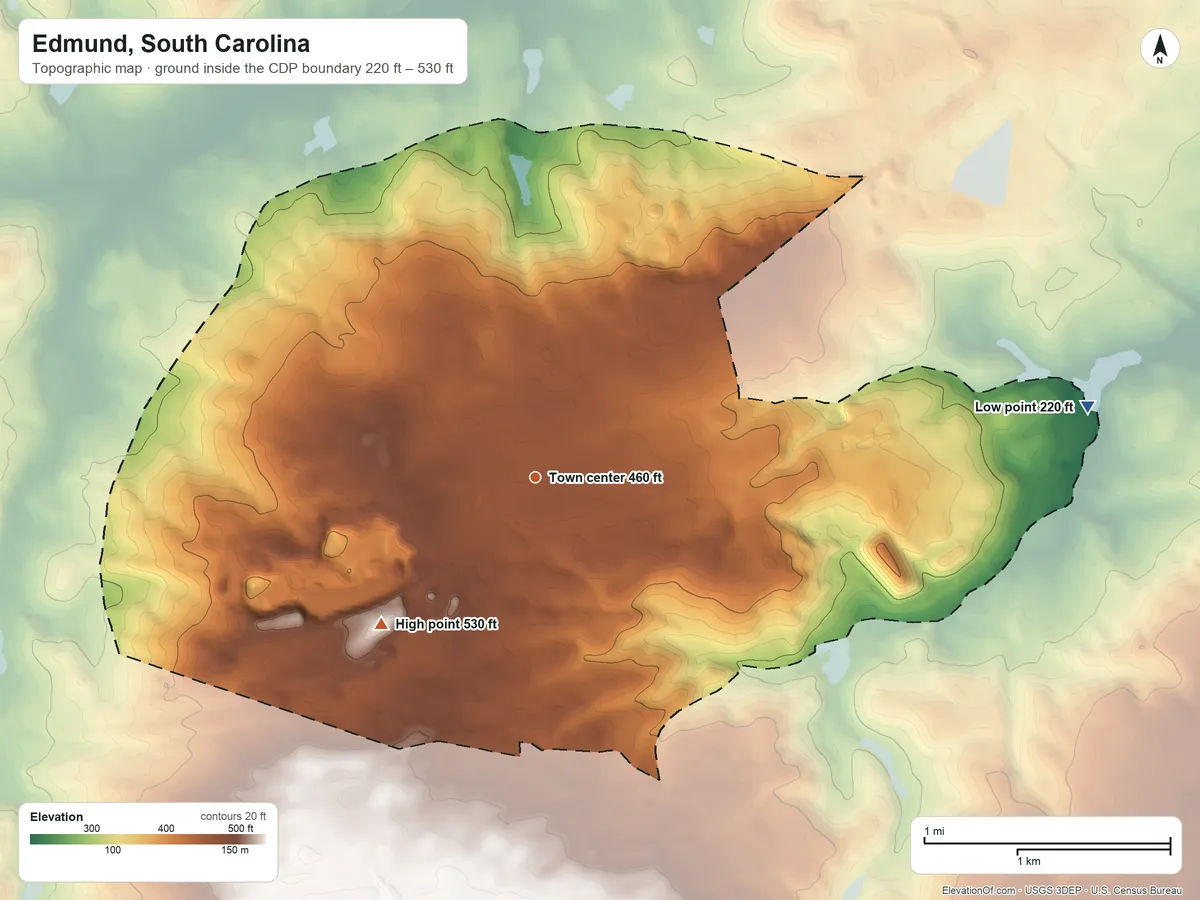 Topographic elevation map of Edmund, South Carolina, shaded from 220 ft on the east side to 530 ft on the southwest side