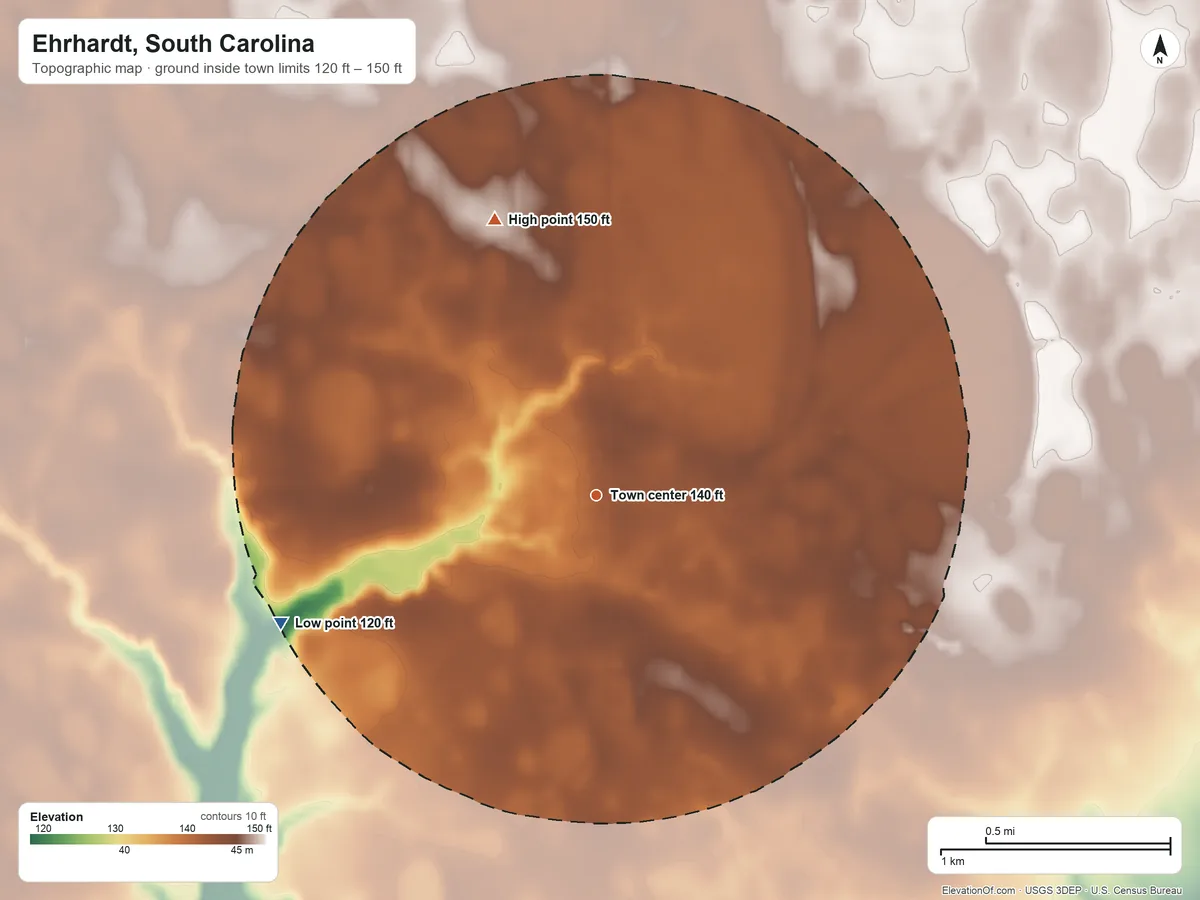 Topographic elevation map of Ehrhardt, South Carolina, shaded from 120 ft on the west side to 150 ft on the north side